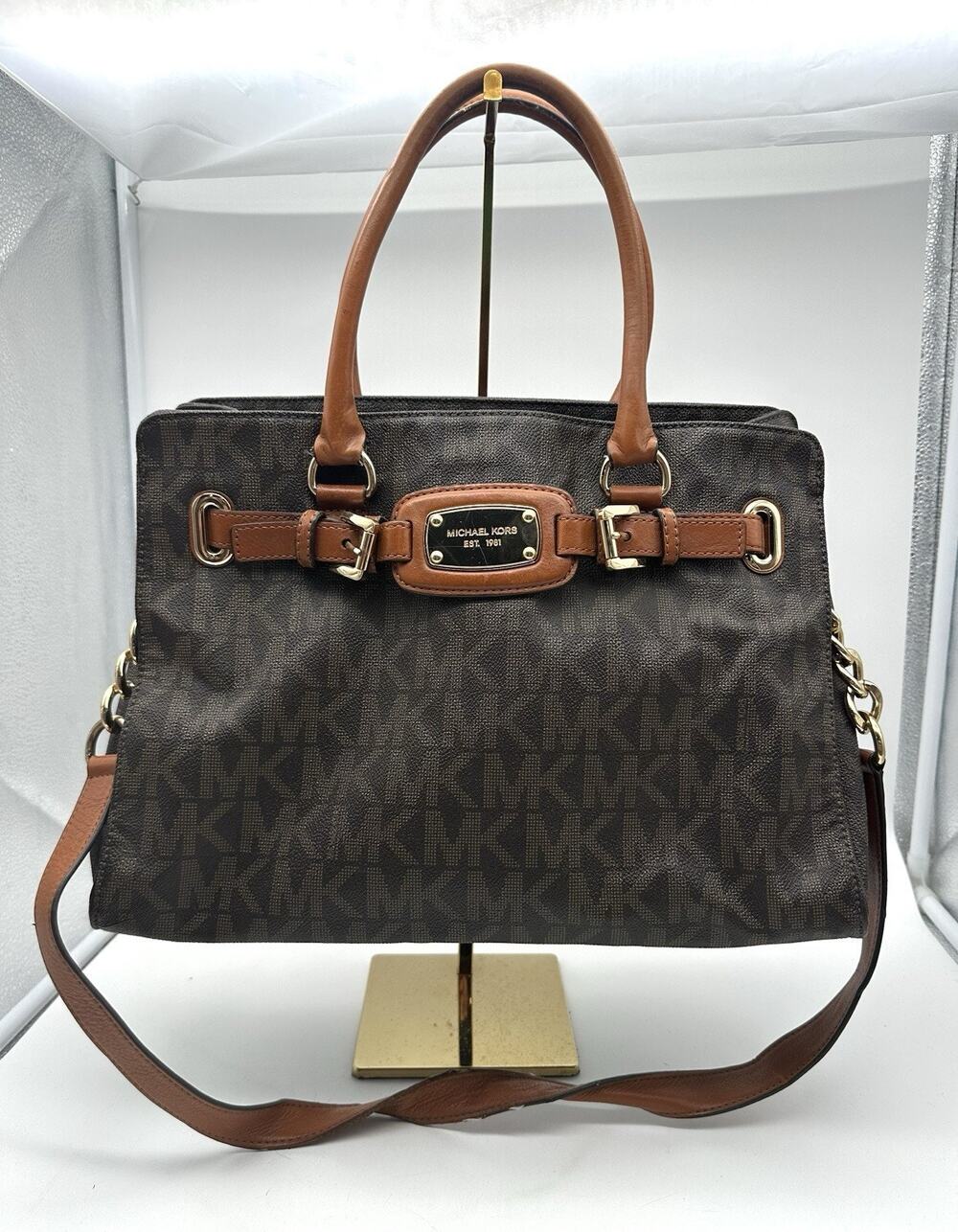Michael Kors Hamilton Large Tote Brown Signature Coated Canvas Bag Leather Trim